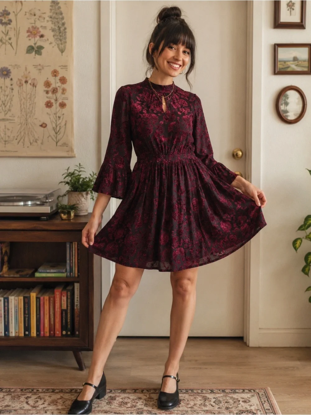 red lace dress modcloth Modcloth Dress Womens Burgundy Lace Through The Bluebells Bell Sleeves S Boho